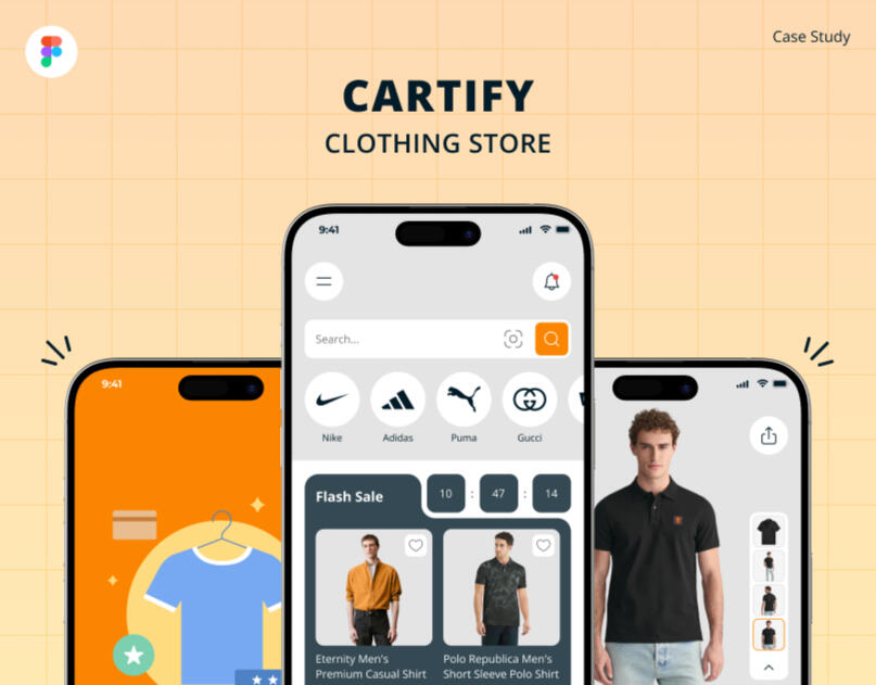 UI/UX Design for Cartify – E-commerce clothing app interface showing product listing and user flow UI/UX Design for Cartify – E-commerce clothing app interface showing product listing and user flow