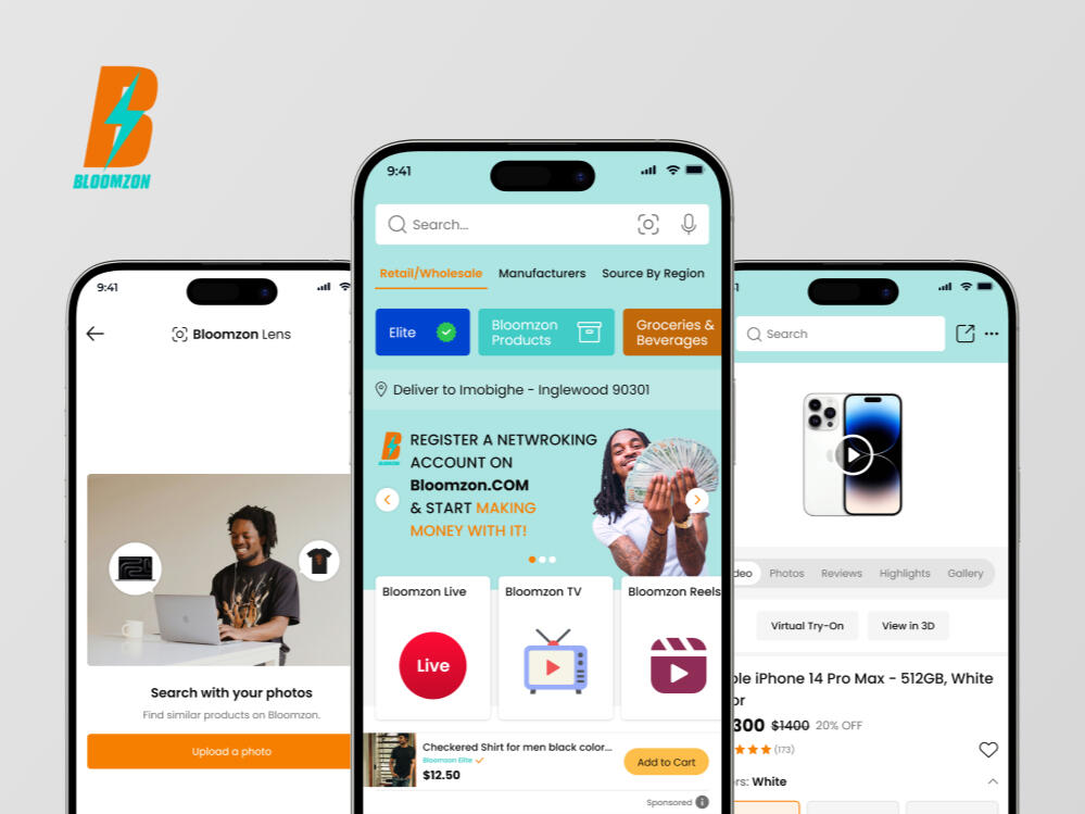 Live mobile UI for Bloomzon – E-commerce app featuring product listings, cart, and checkout flow