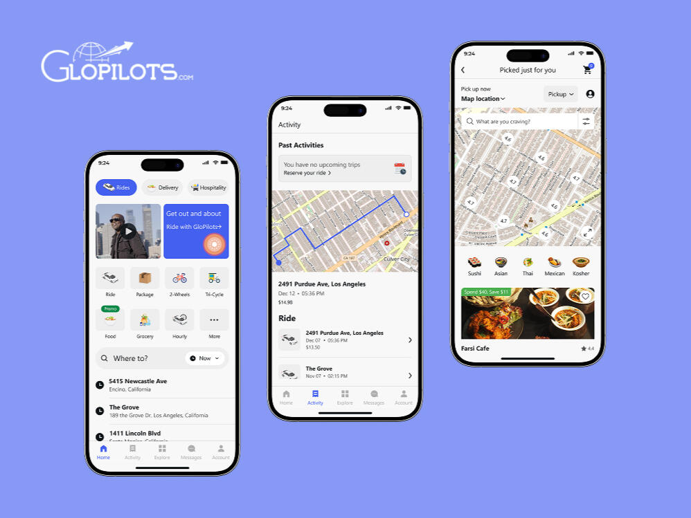 UI/UX Design for Glopilots – All-in-one service booking app with ride booking, scooter rentals, shopping, and food delivery UI/UX Design for Glopilots – All-in-one service booking app with ride booking, scooter rentals, shopping, and food delivery